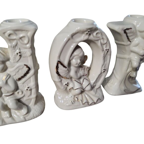 Vintage 1998 Crown Glazed  Ceramic Joy 3pc. Candle Holder Set - Picture 5 of 5